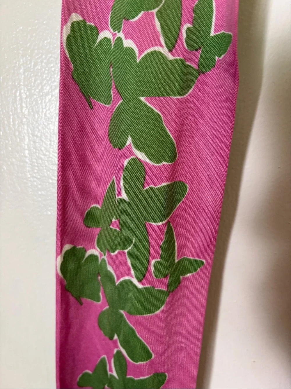 Pink and Green Butterfly Print Long Skinny Silk Scarf